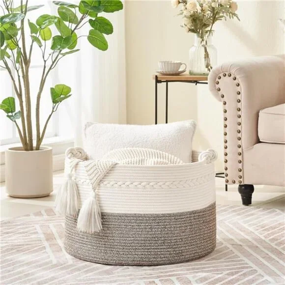 Large Blanket Basket (20"x13"),Woven Baskets for storage Baby Laundry Hamper - Picture 2 of 7